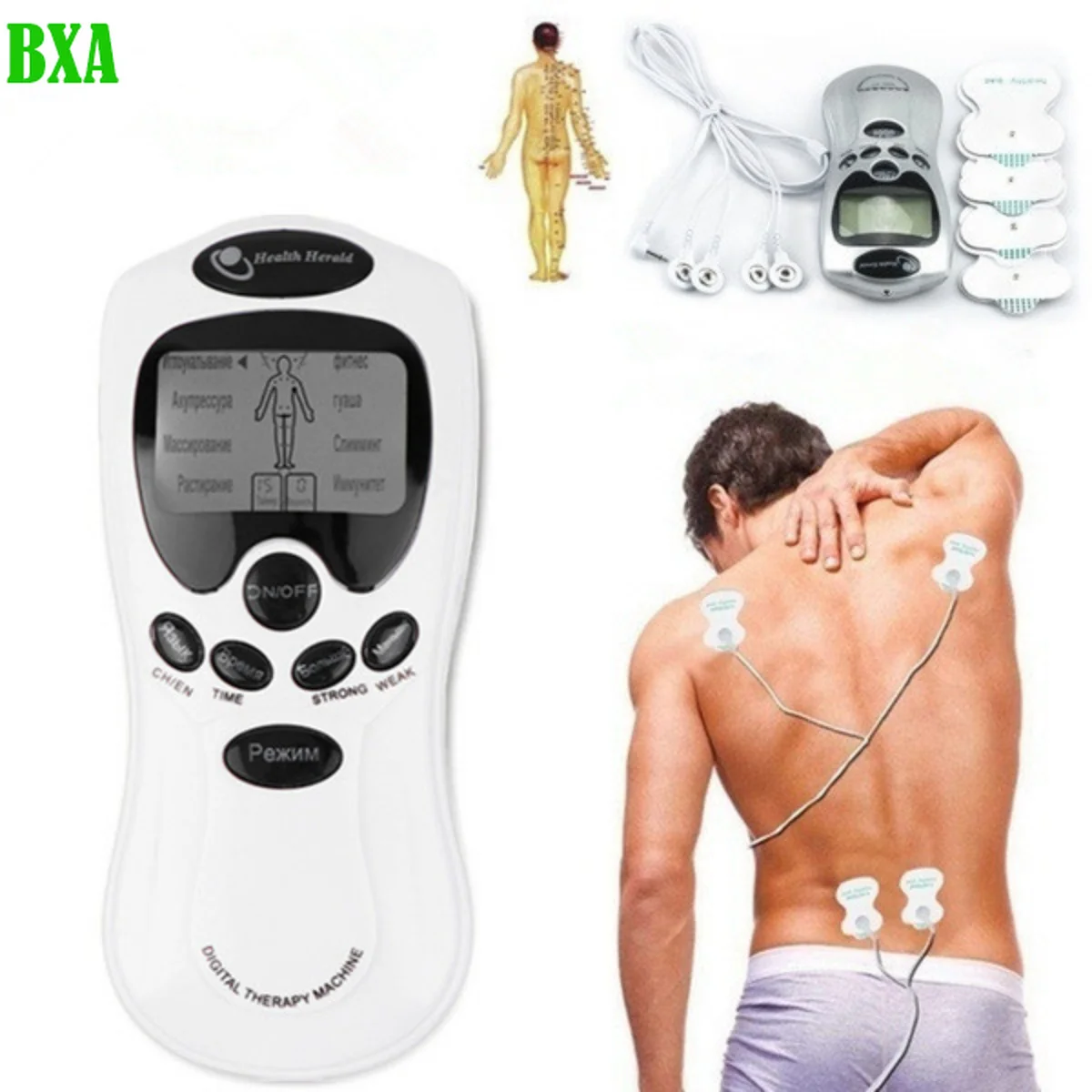 Estimulador muscular elétrico multilíngue, EMS Dezenas, Acupuntura, Massageador Facial e Corporal, Terapia Digital, Ferramenta de Massagem Herald, 8 Modos