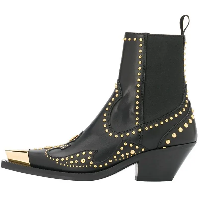 

Black White Patchwork Gold Rivets Metal Studs Square Toe Punk Boots Chunky Heel Cow Leather Vintage Rock Style Booties