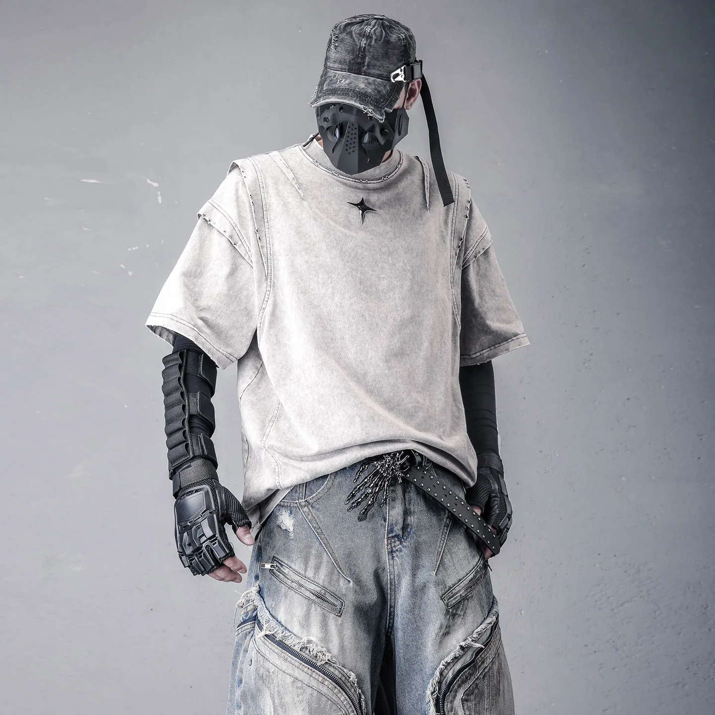 Wasteland Wind High Street Mechanical Deconstruction Short Sleeve T-shirt Ruan Shuai Washed Distressed Heavy Half Top Metal