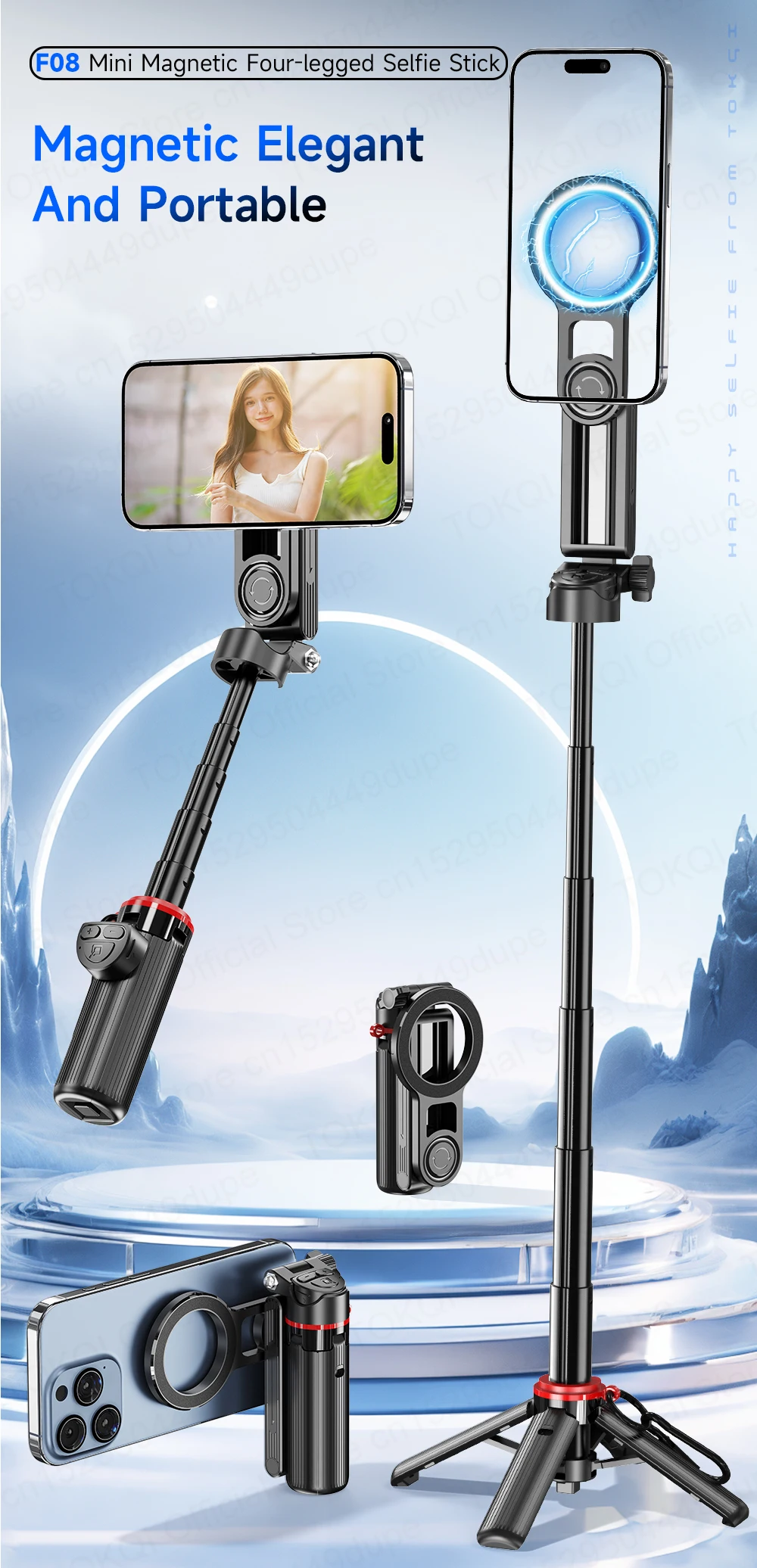 Magnetischer Handyhalter Mini-Selfie-Stick Stativ mit 360°-Einstellung Kabelloser Bluetooth-Fernbedienung für iPhone Android-Telefon Vlog-Aufnahmen – Detail 1