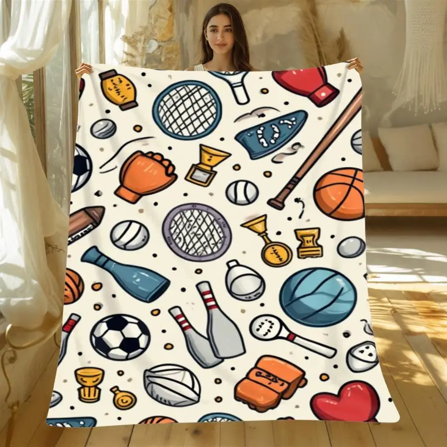1pc Soft Warm Flannel Blanket Suitable for All Seasons - Hand-Drawn Sports Pattern with Multi-Sport Design (Soccer,, Tennis), Vibrant Throw for Bed, Couch, | Cozy Gift for,, | 280GSM Bedspread