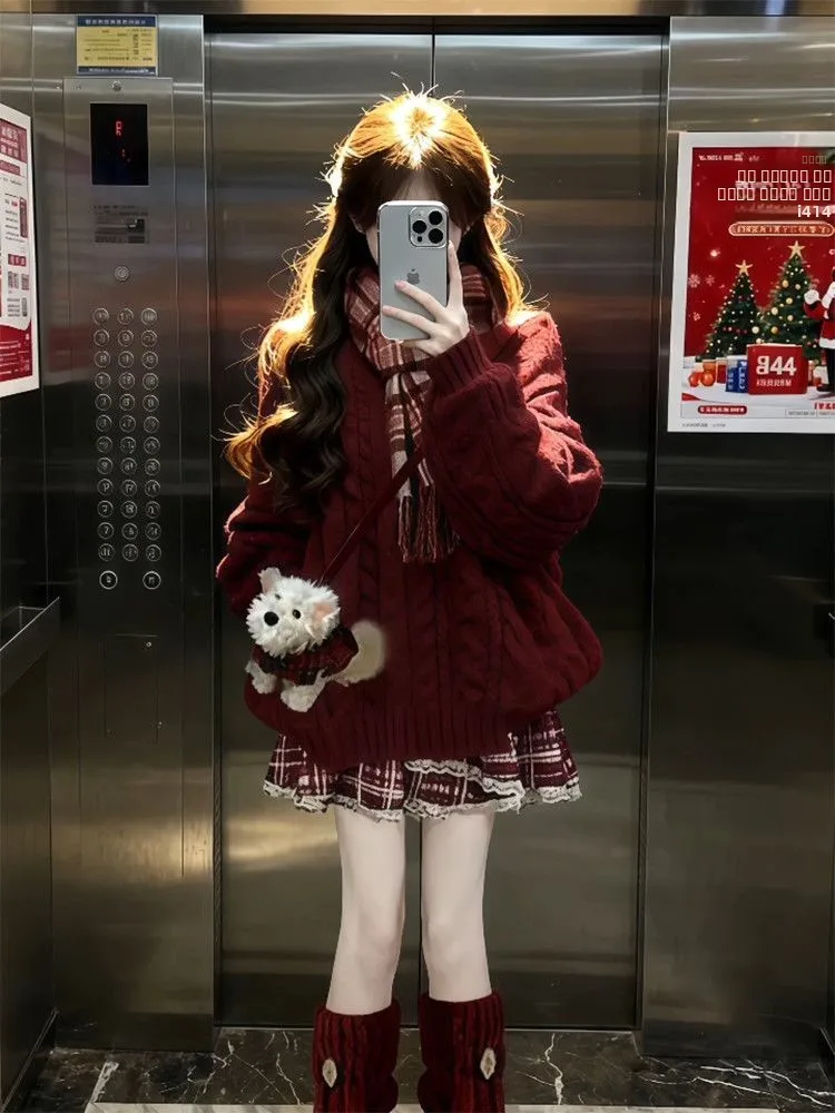 

Корейский милый школьный комплект: вязаный свитер с узором и кружевом, красная юбка-карандаш с высокой талией для женщин