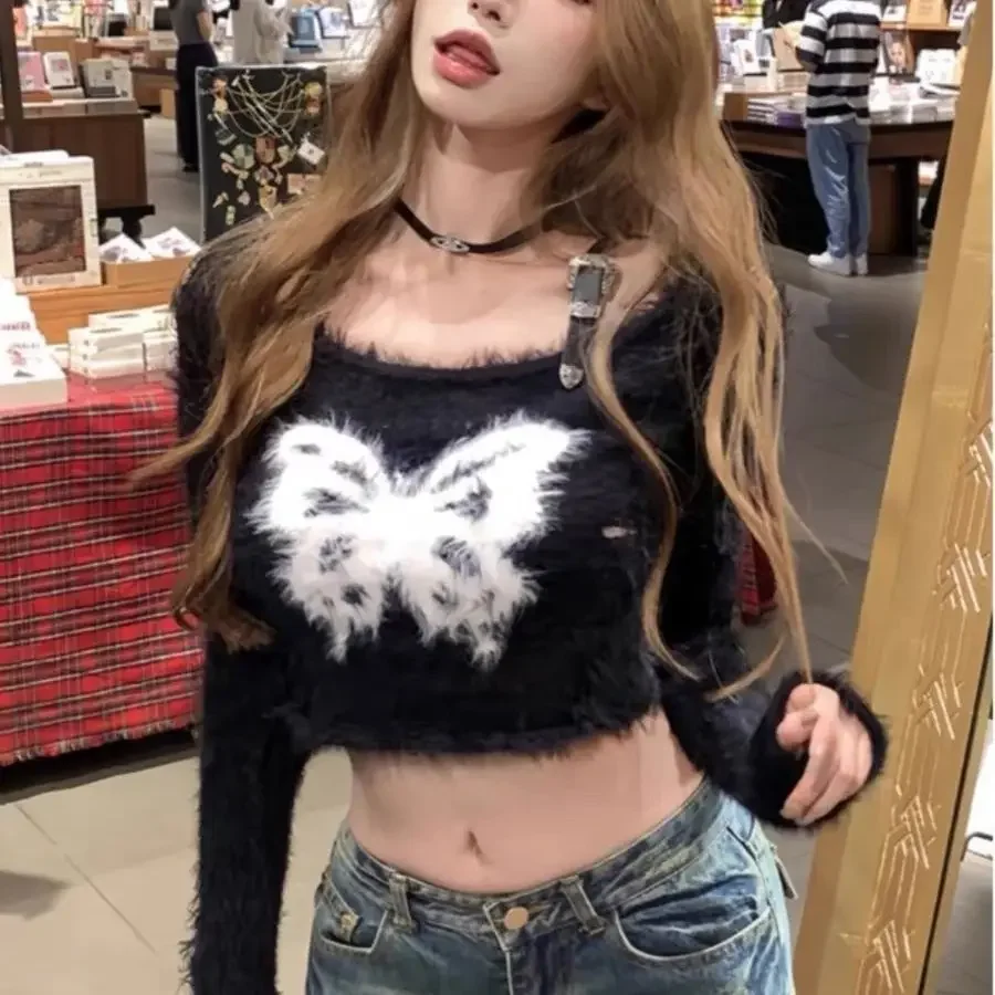 

Goth American Vintage Y2k Butterfly Off-shoulder Fluffy Sweater Women New Autumn Winter Slim Soft Short Tops Fairy Grunge Chic