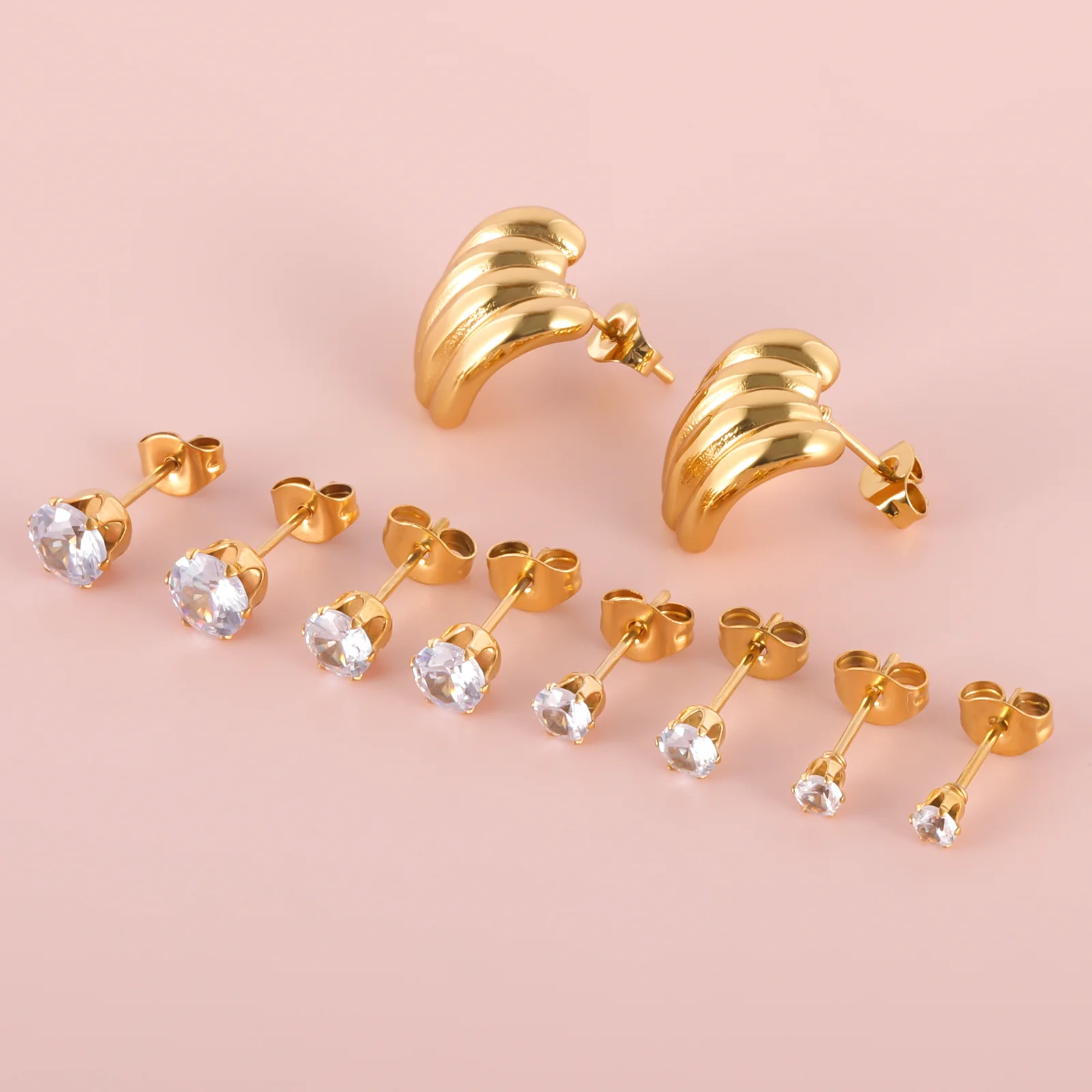 5 Pairs Gold Plated Stainless Steel Stud Earring, Teardrop Heart Star Square Round CZ Stud Earrings for Multiple Piercing