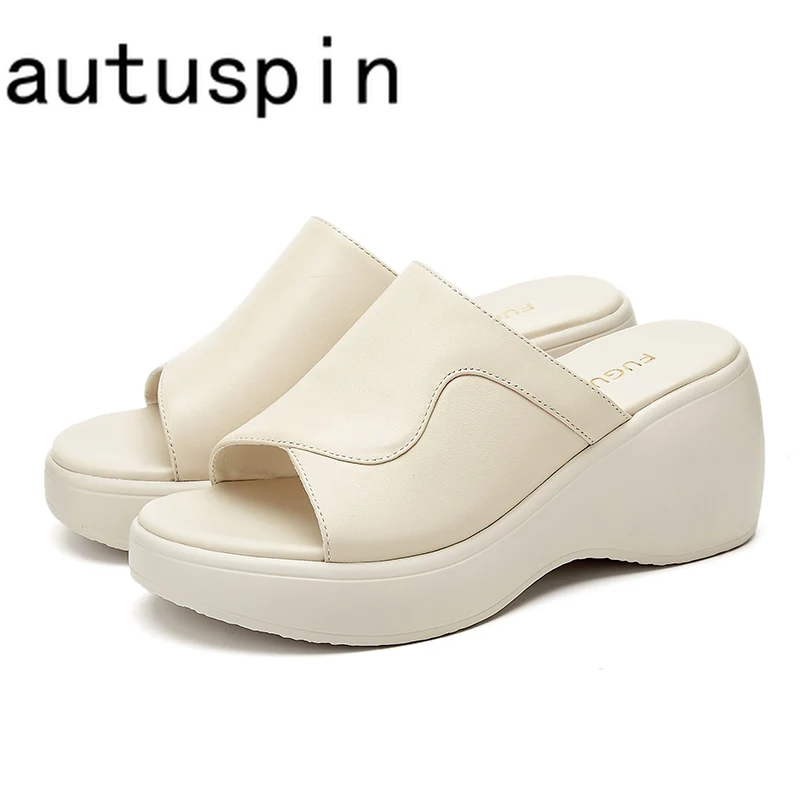 

AUTUSPIN Summer Genuine Leather Women's Slippers Fashion Concise Ladies Wedges High Heels Female Outside Leisure Platform Shoes