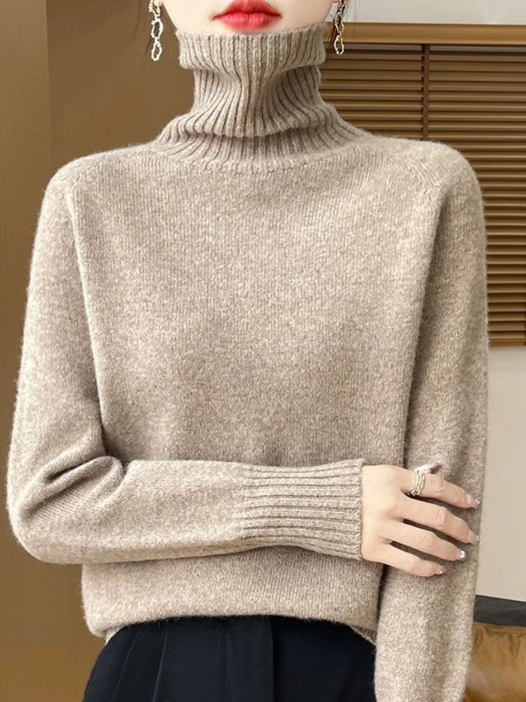 Autumn Winter Women's Knit Sweaters Solid Color Long Sleeved High Neck Pullovers Korean Version Loose Simple Elegant Clothing