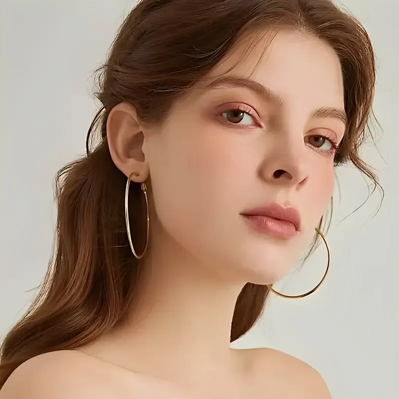 30-70mm Big Stainless Steel Hoop Earrings For Women Simple Smooth Round Gold Silver Color Circle Earrings Huggie Daily Jewelry