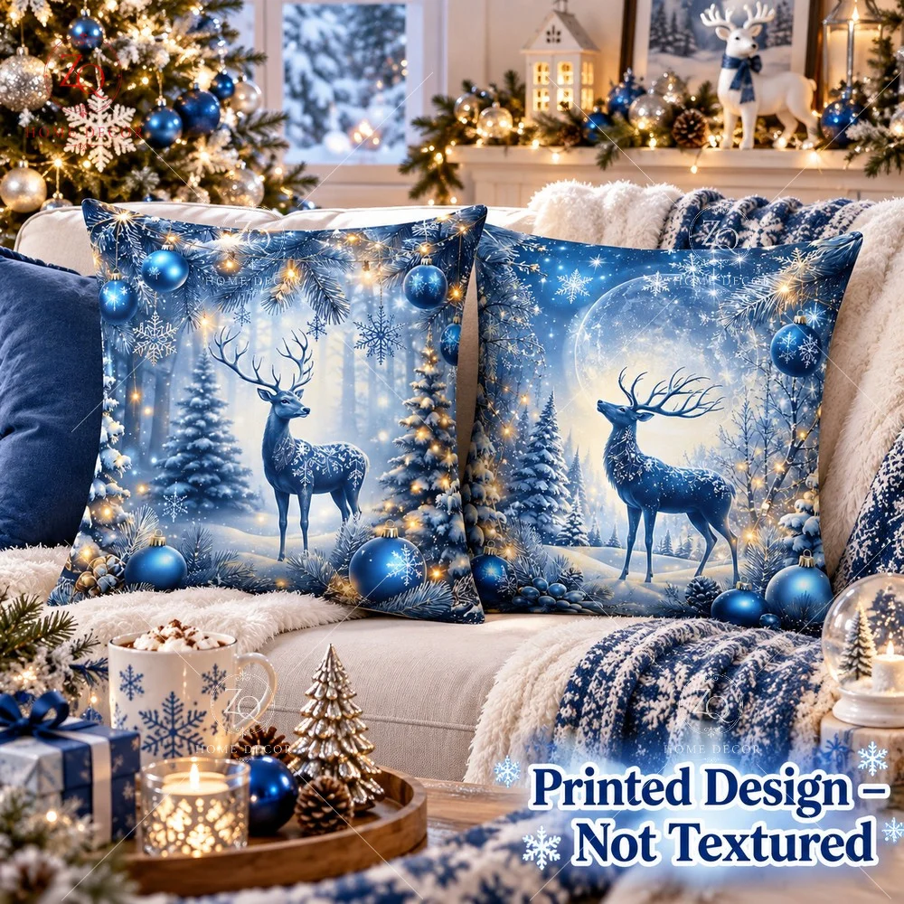 Winter Reindeer Cushion Cover 2D Flat Printed Peach Skin Bauble Pillowcase Christmas Holiday Farmhouse Couch Bed Home Decor