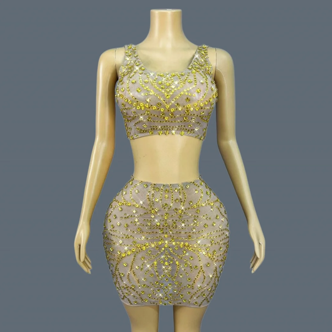 

Sparkly Rhinestone Gold Crop Tops Mini Skirt 2Pieces Set Women Sheer Mesh Sleeveless Beaded Party Clubwear Prom Dress Jinzhuan