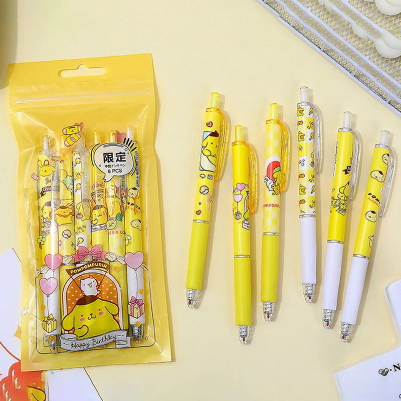 6Pcs Cute Pompom Purin Neutral Pen Kawaii Cartoon Anime Sanrio Student Gel Pen School Office Supplies Stationery Toy Girls Gifts