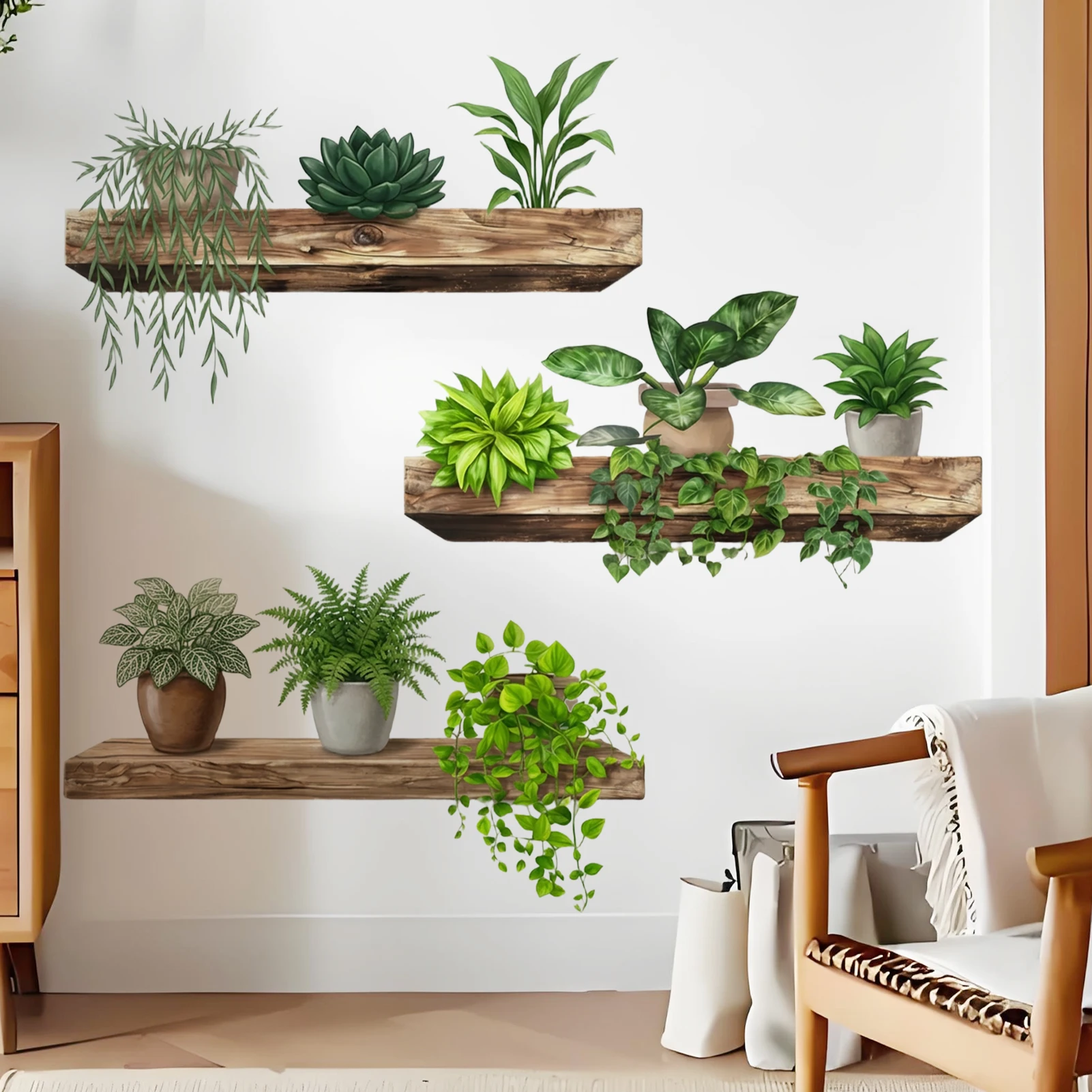 Green Plant Wall Sticker Waterproof Vinyl Wall Decal with Potted Plants for Bedroom, Living Room, Kitchen, Entryway Home Decor