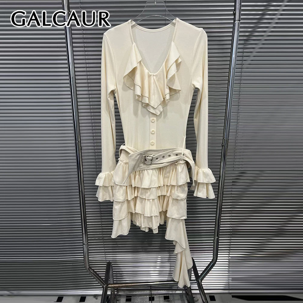 

Женское платье GALCAUR с абрикосовыми вставками и оборками, шикарное, с V-образным вырезом, длинными рукавами, свободного кроя, во французском стиле, осеннее, модное, новинка