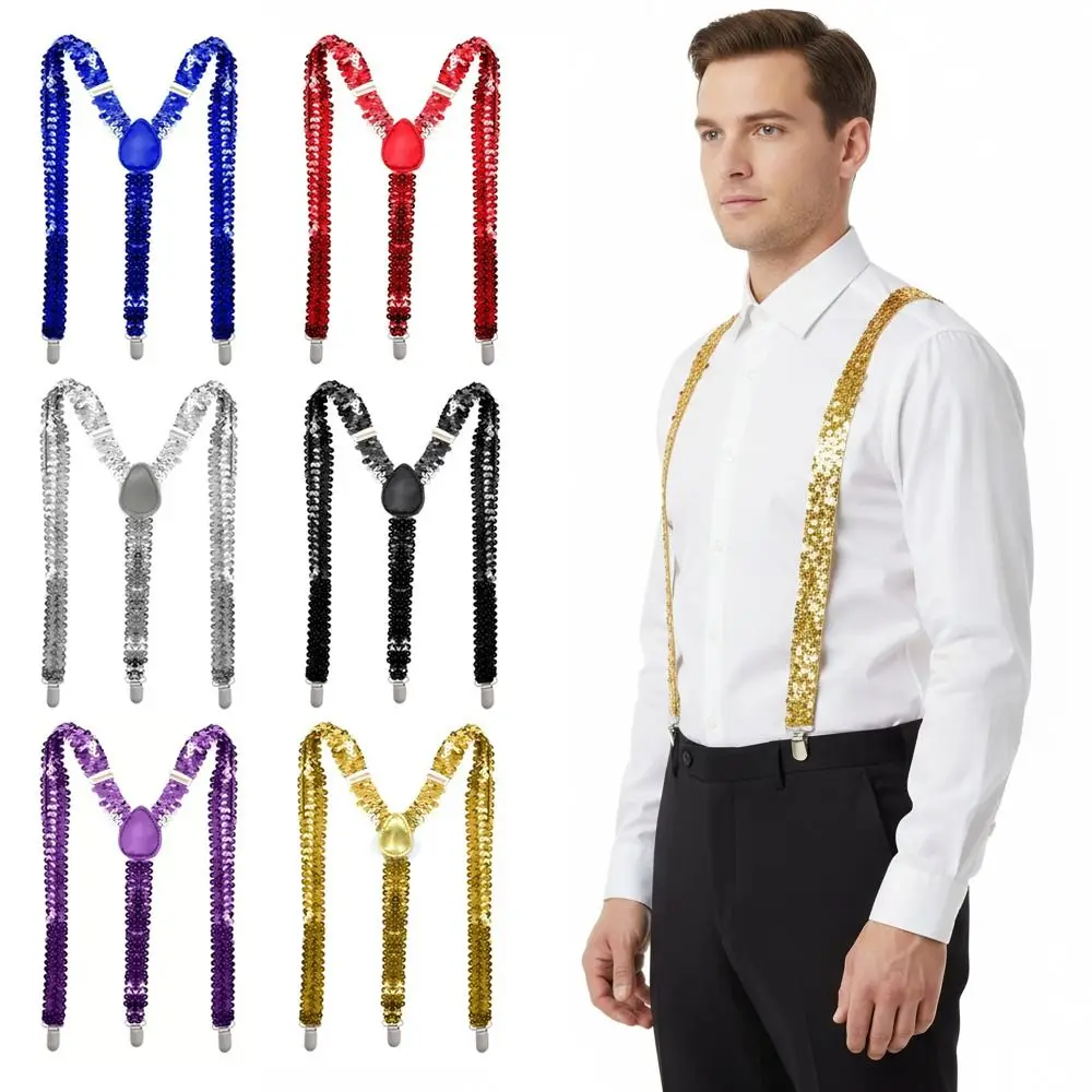 

Shinning Fish Scale Sequin Suspenders Elastic Party Stage Performances Y-back Suspenders 3-clip Adjustable Metal Clip Suspenders