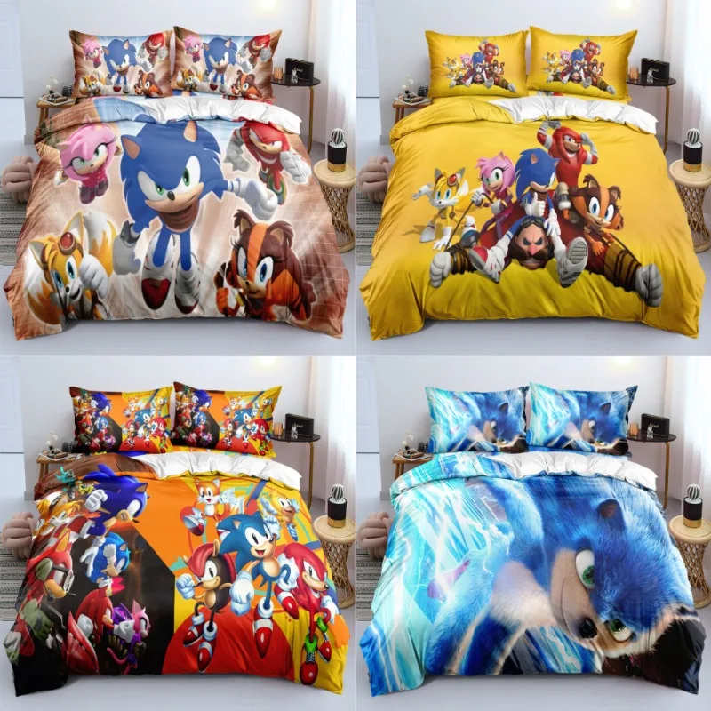 Sonic The Hedgehog Cartoon Bedding Set for Kids Boys Anime Harajuku 3D Print Duvet Cover with Pillowcase Home Textile Bedclothes