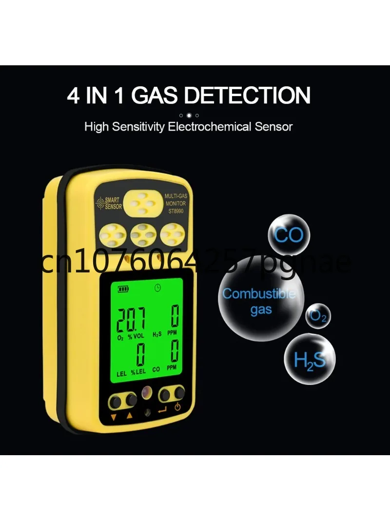 SMART SENSOR Gas Monitor 4 in 1 O2 LEL CO H2S Gas Detector Rechargeable Alarm Gas Analyzer with Backlight Alarm Function ST8990