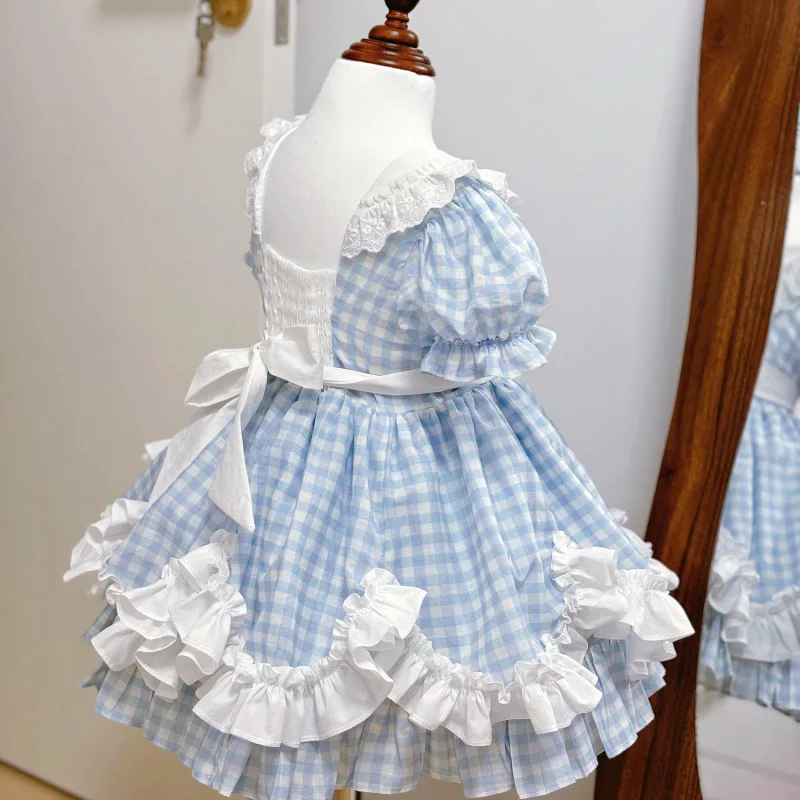 Summer Little Girl Puff Sleeves Dress Children Lace Ruffle Design Princess Style Frocks Baby Girls Plaid Holiday Party Dresses