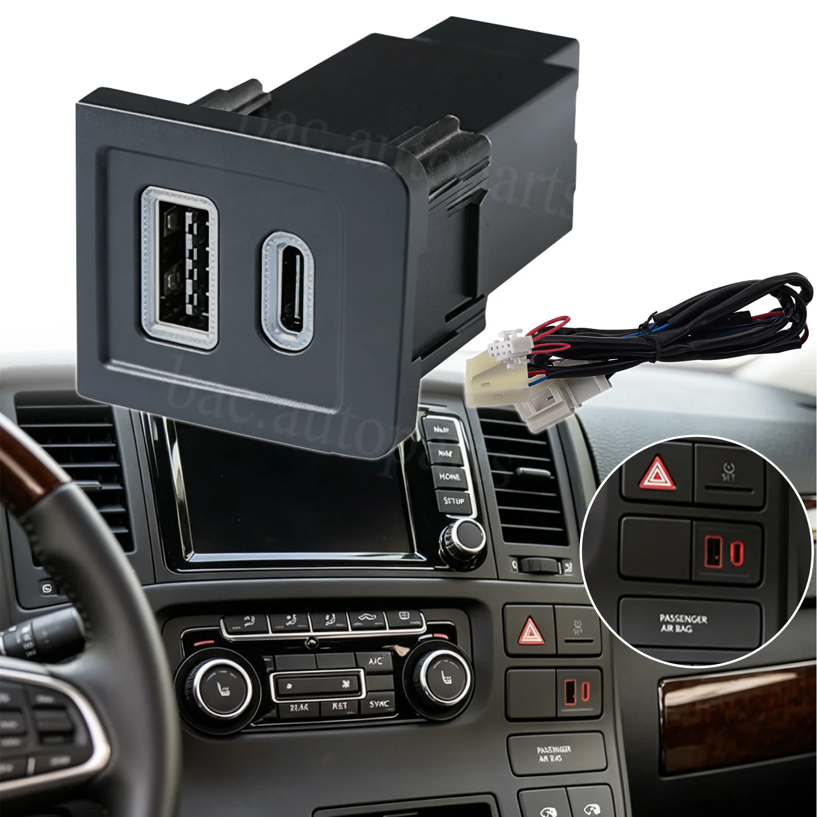 For VW Multivan T5 2003-2015 Car Dual USB PD+QC3.0 Fast Charger Socket 2 Port USB-C & USB-A Upgrade Kit Direct Mount Center