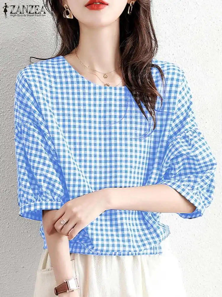 ZANZEA Fashion Summer O Neck Half Sleeve Blouse Women Plaid Checked Tops Casual Loose Holiday Shirt Female Party Blusas Mujer