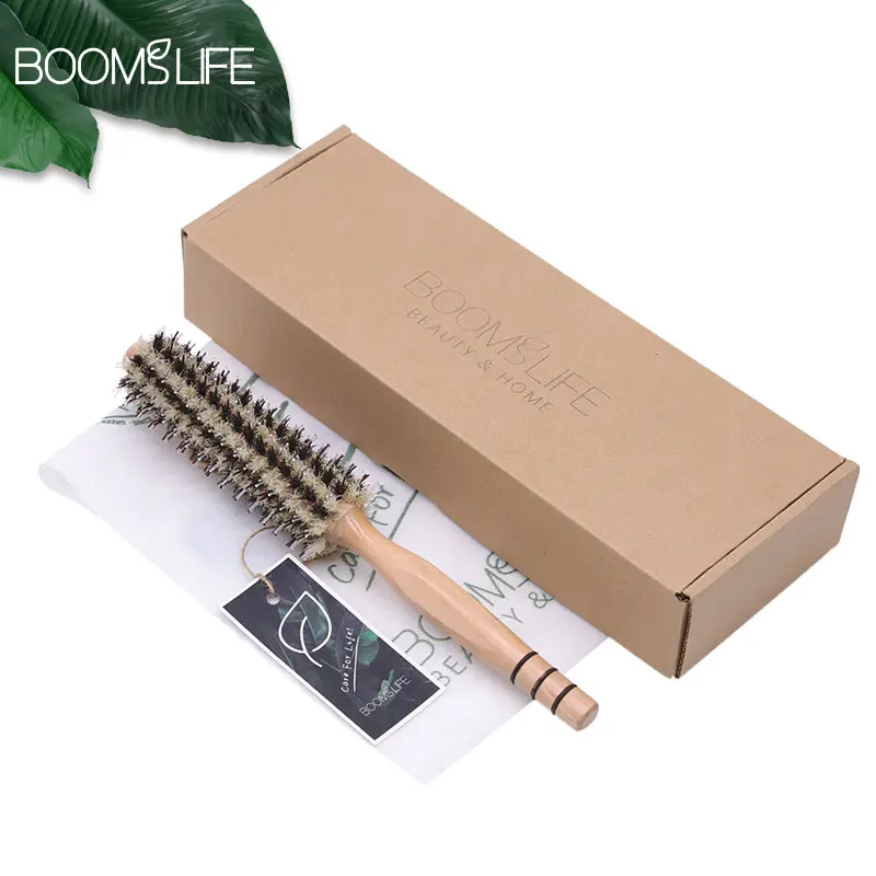 Natural Boar Bristle Rolling Brush Barber Hair Roller Wood Hair Brush Round Barrel Hair Comb for Women Curly Hair Hairdressing