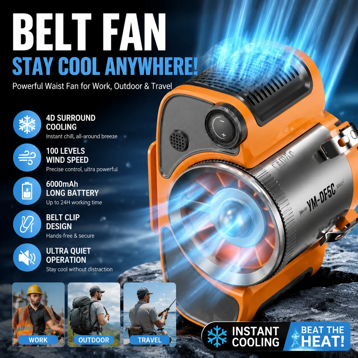 Ym Dfsc 2026 New Portable Waist Hanging Neck Cooling Fan Waterproof Drop Proof Durable For Outdoor Construction Site Working