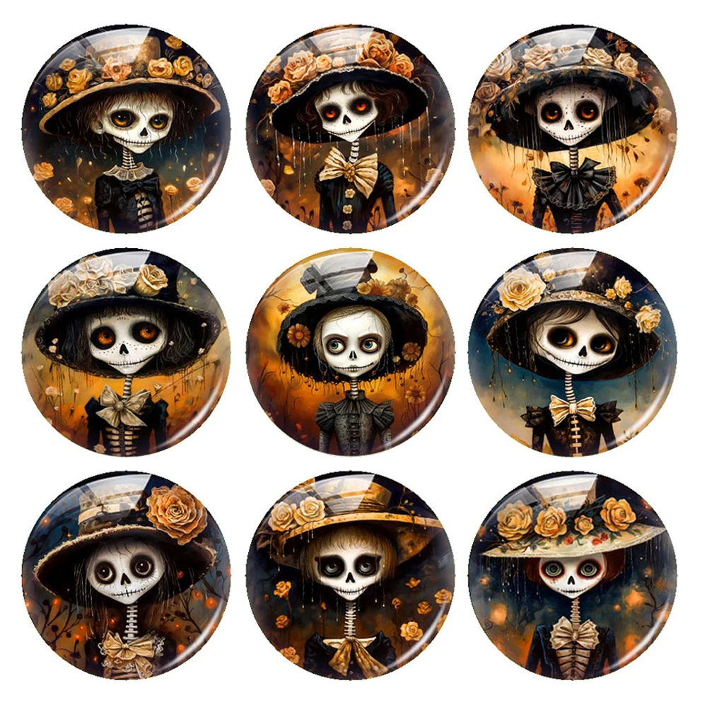 

Gothic Skull Flower Girl Skeleton Photo Glass Cabochon Charms Halloween Demo Flat Back Cameo For Diy Jewelry Making Finding