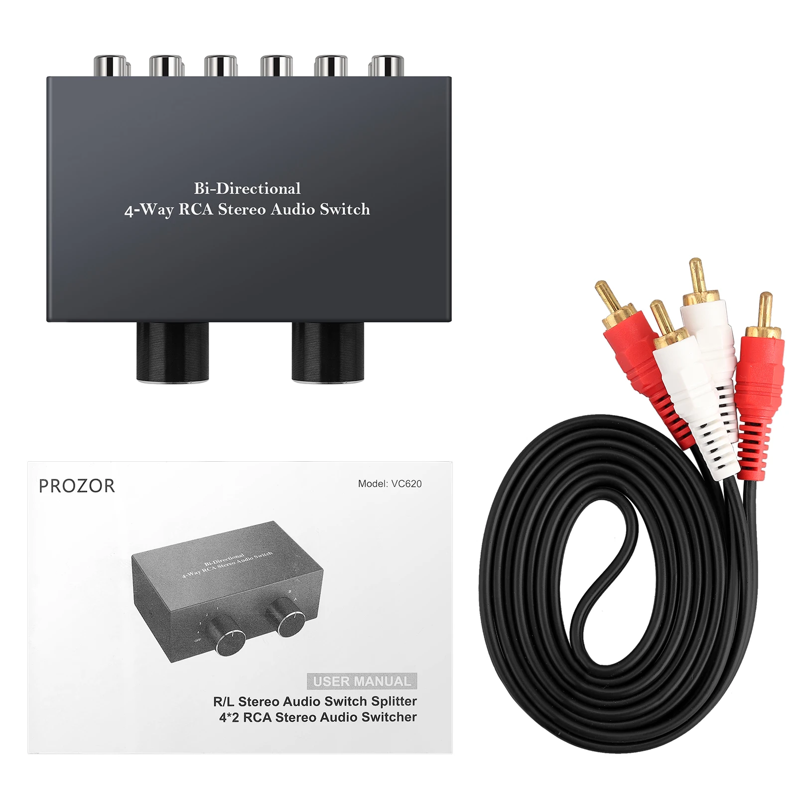 PROZOR Bi-Directional 4 Way RCA Stereo Audio Switch Selector 4X2/2X4 L/R Sound Channel Audio Switcher Splitter with OFF Button