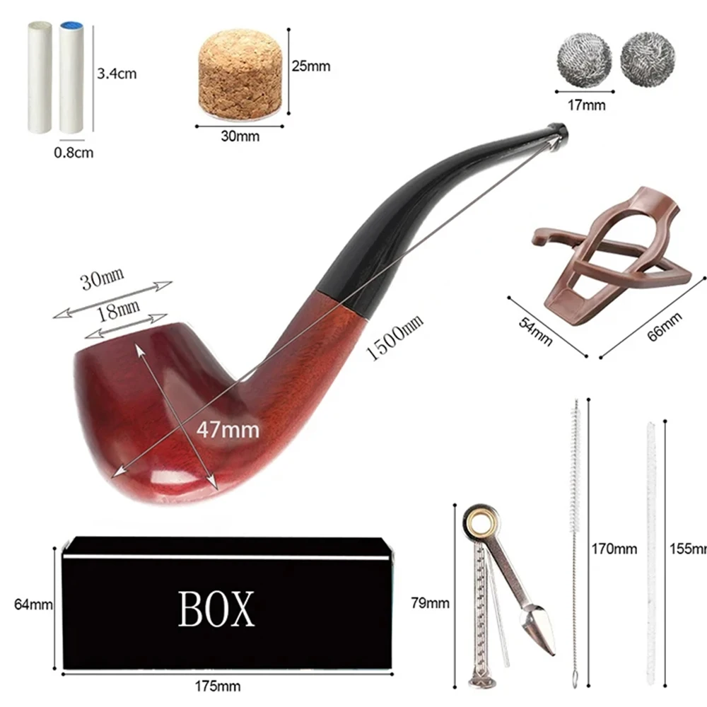 Red Sandalwood Tobacco Pipe Set ,9MM Filter Solid Wood Dry Pipe Smoking Craft Classic Curved Handle Pipe With Cleaning Kit Gift