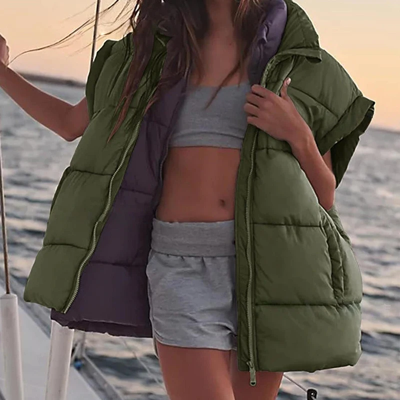 Outono inverno feminino coletes acolchoados cor sólida vintage gola sem mangas zip-frente bolsos solto casual colete quente