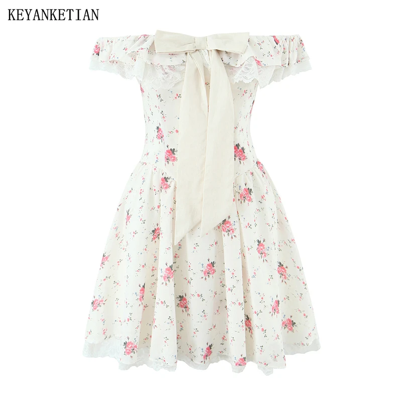 

KEYANKETIAN 2025 Summer New Women's Bow Decoration Slash neck Flower Print Mini Dress Lolita Style Sweet Lace Patchwork Dresses