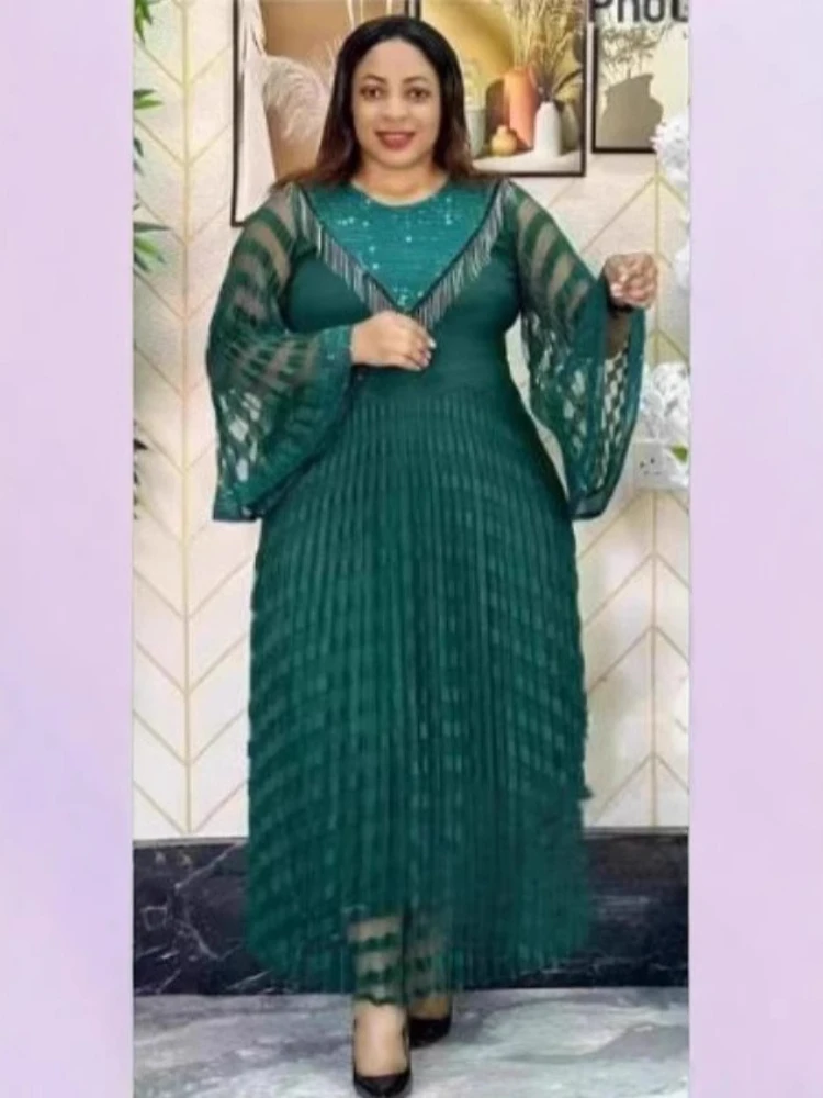 ANLAN United States New Large Size Dress Fashion Sequins Lace Temperament Elegant Flared Sleeve Women's Long Dresses 2AN5709