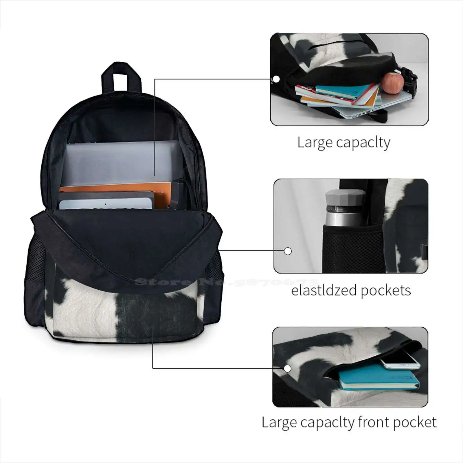 Cowhide Hot Sale Schoolbag Backpack Fashion Bags Black And White Cow Spotted Cow Farm Animal Animal Pattern Spotted Animal image 4