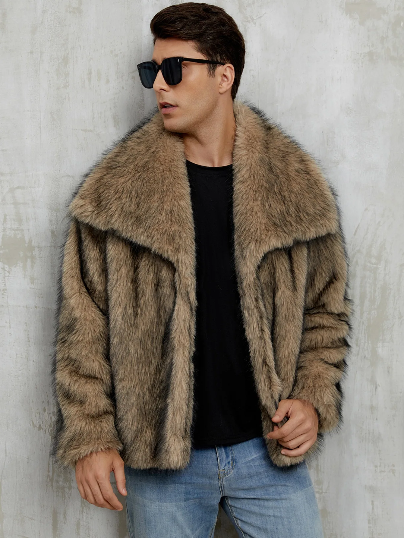 

Осень-зима, новые модные американские мужские топы, мужские однотонные повседневные свободные пальто из искусственного меха с отложным воротником и длинными рукавами