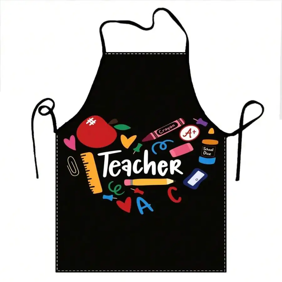 Teacher Appreciation Kitchen Apron Colorful School Supplies Pattern Linen Cooking Bibs Chef Aprons Multi Sizes Gift for Educator