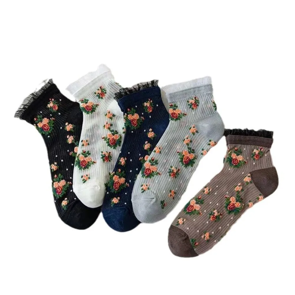 Calcetines de algodón con bordado Floral de alta calidad para mujer, calcetines informales transpirables con volantes de encaje Lolita, calcetines deportivos cómodos de algodón