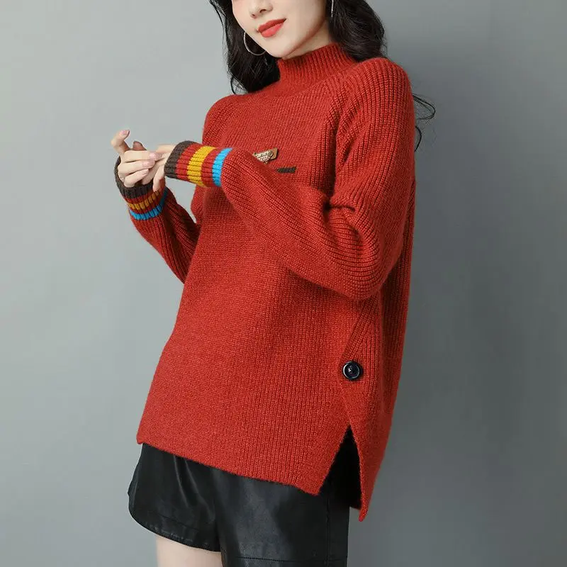 Fashion Stand Collar Spliced Asymmetrical Sweaters Women's Clothing 2023 Winter Loose Knitted All-match Pullovers Casual Tops