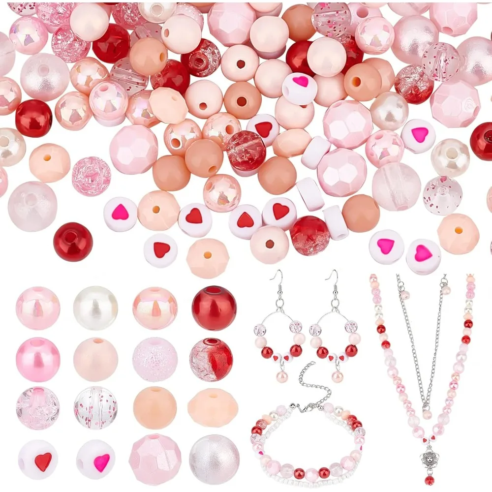 480pcs Pink Acrylic Beads 16 Style Valentine Bead 6/8/10mm Transparent Crackle Bead Round Loose Beads Spacers Heart