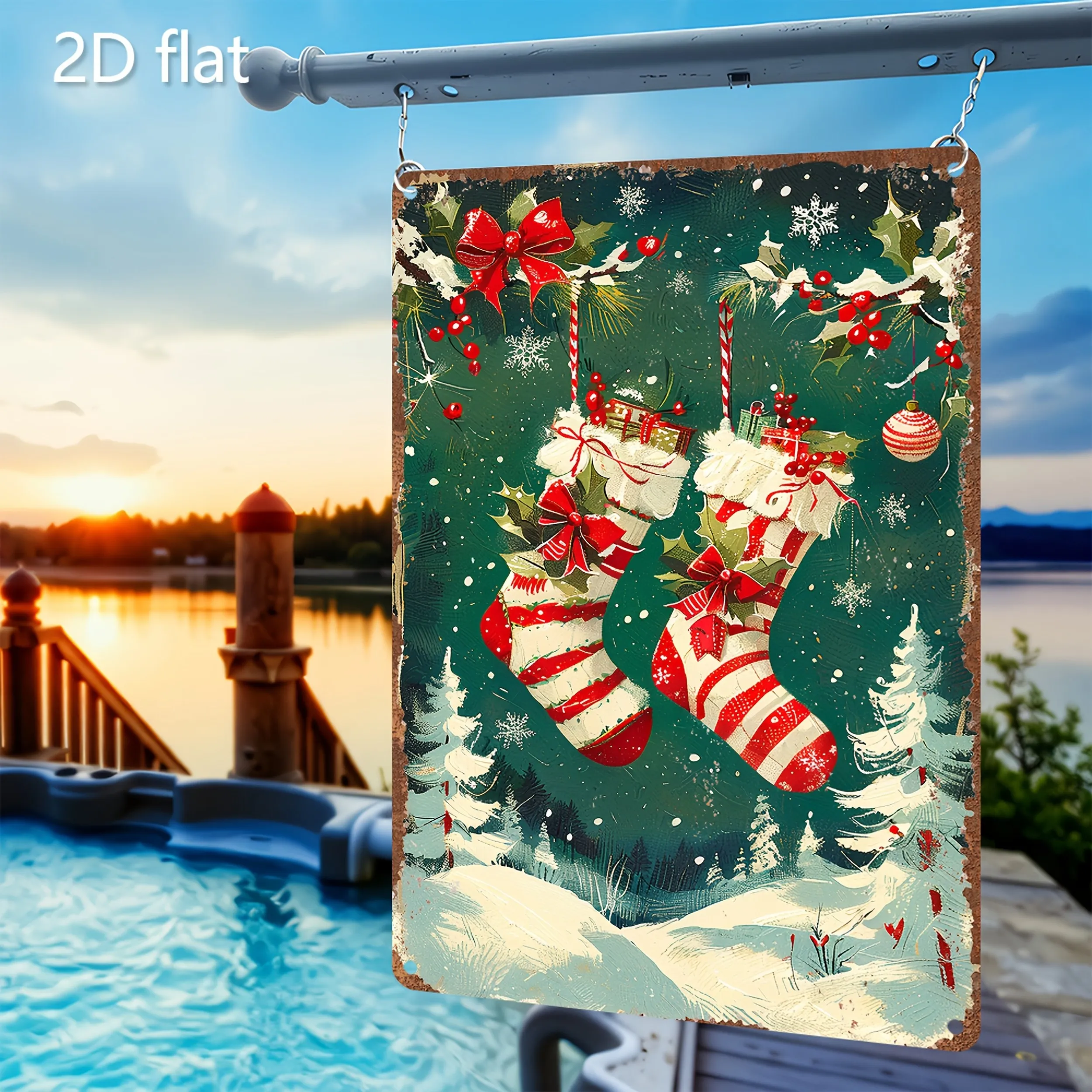 Christmas Tinplate Wall Art Plaque-   Rustic Metal Sign with Snowy Stockings, Holly& Snowflakes Design,