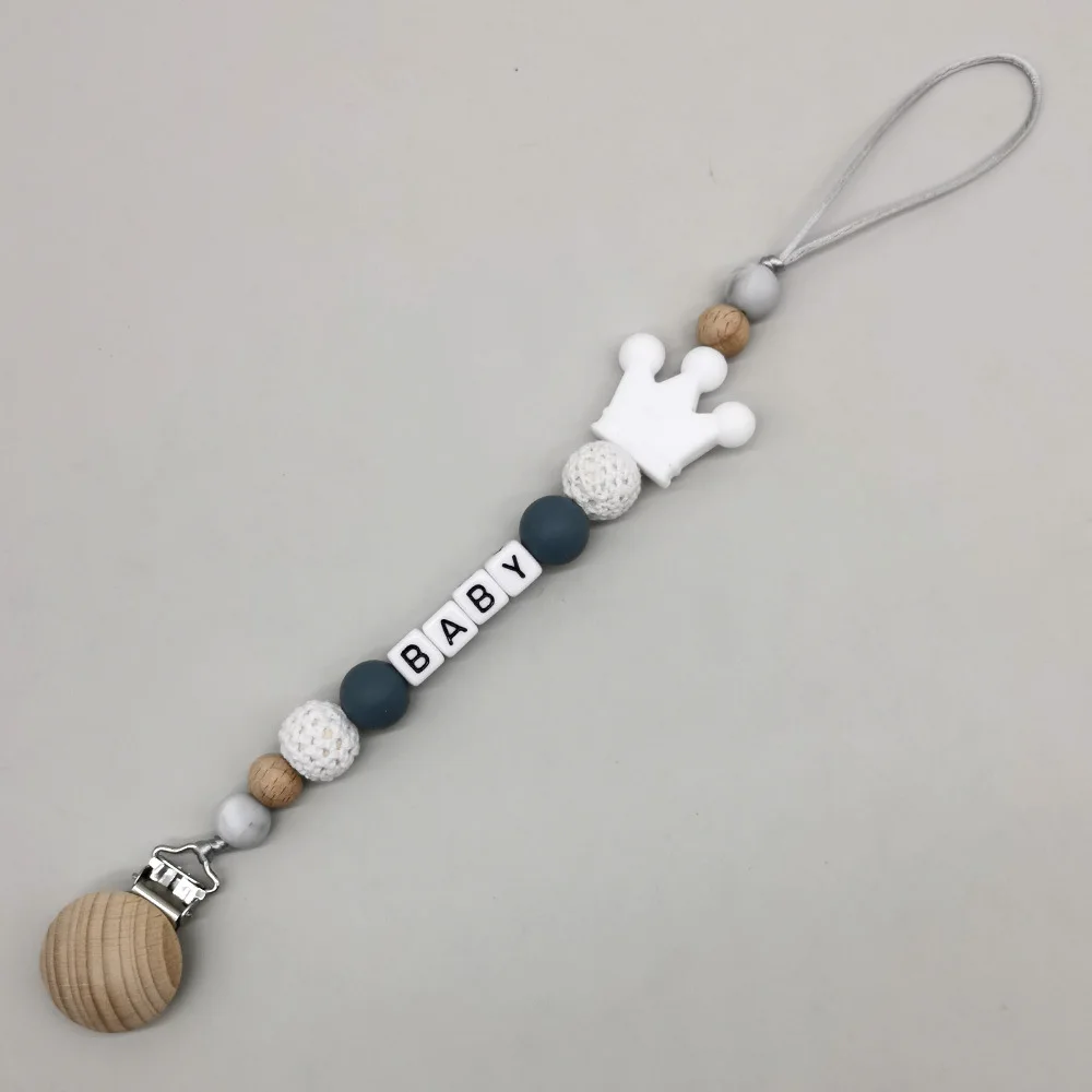 シリコンクラウンおしゃぶりチェーン BPAフリー ベビーおしゃぶりホルダー ラウンドクロシェビーズ付き - 幼児用ソフト歯固めおもちゃ