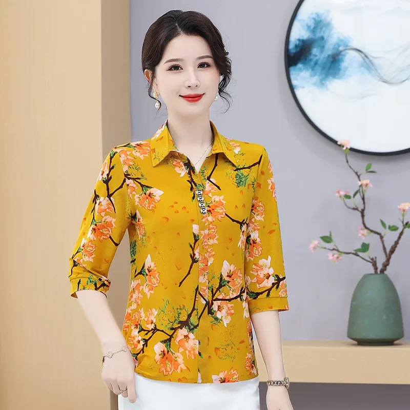 Middle aged mother Casual Loose Turn-down Collar Blouse Summer Fashion Vintage Printed Female Clothing Short Sleeve Shirt