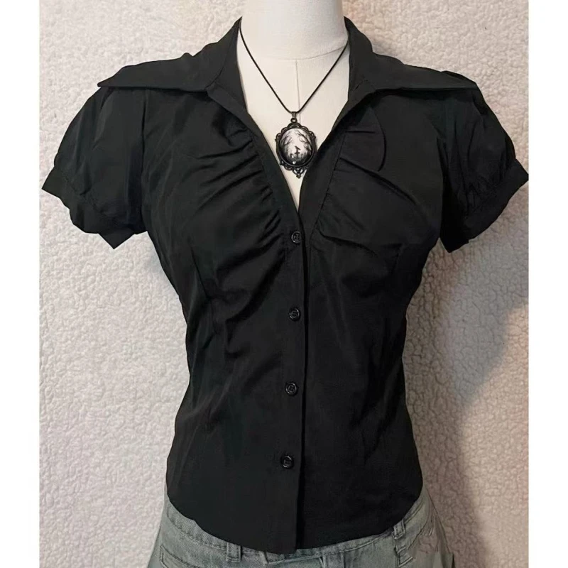 

Блузка винтажного стиля больших размеров, черная, с V-образным вырезом, в японском элегантном стиле, приталенная, в готическом стиле Харадзюку, классическая, с коротким рукавом