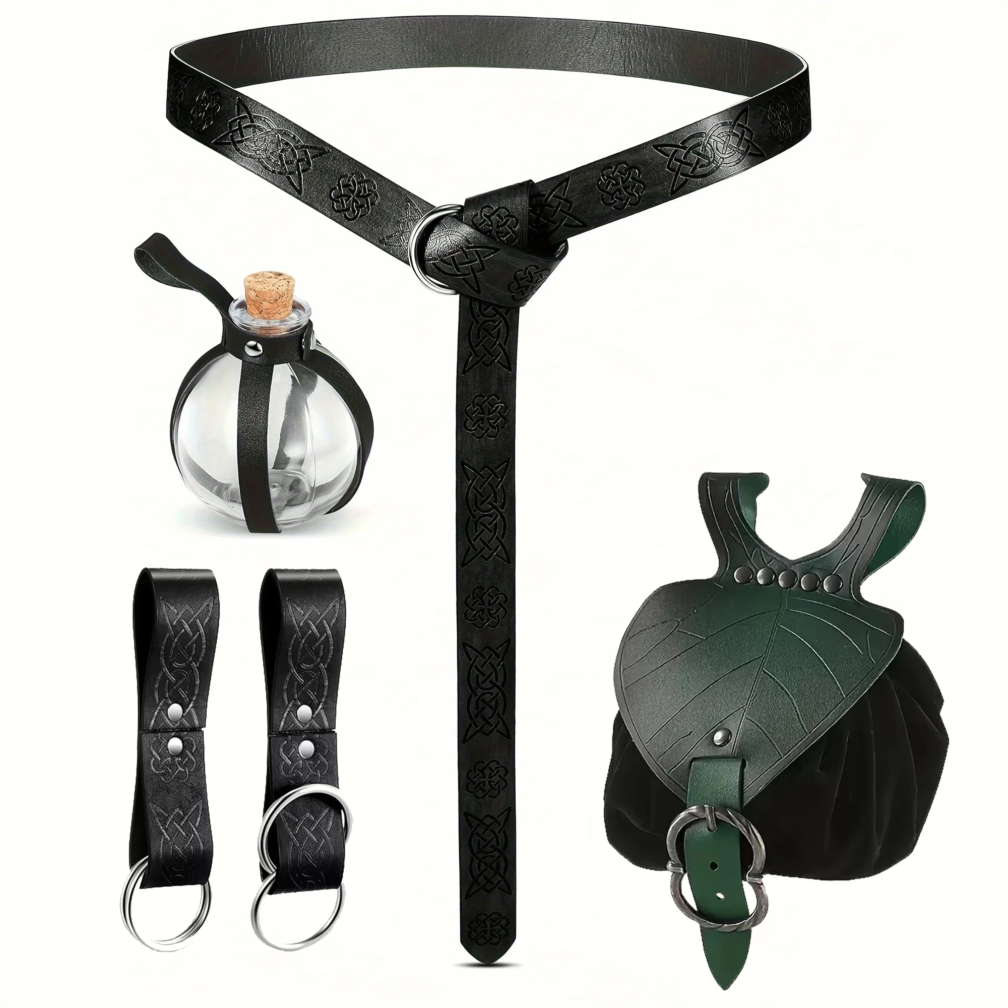 Renaissance PU Leather Set  Celtic Knot Belt with Leaf Patterned Coin Purse Wizard’s Potion Bottle Skirt Clips Suitable for LARP Cosplay Party