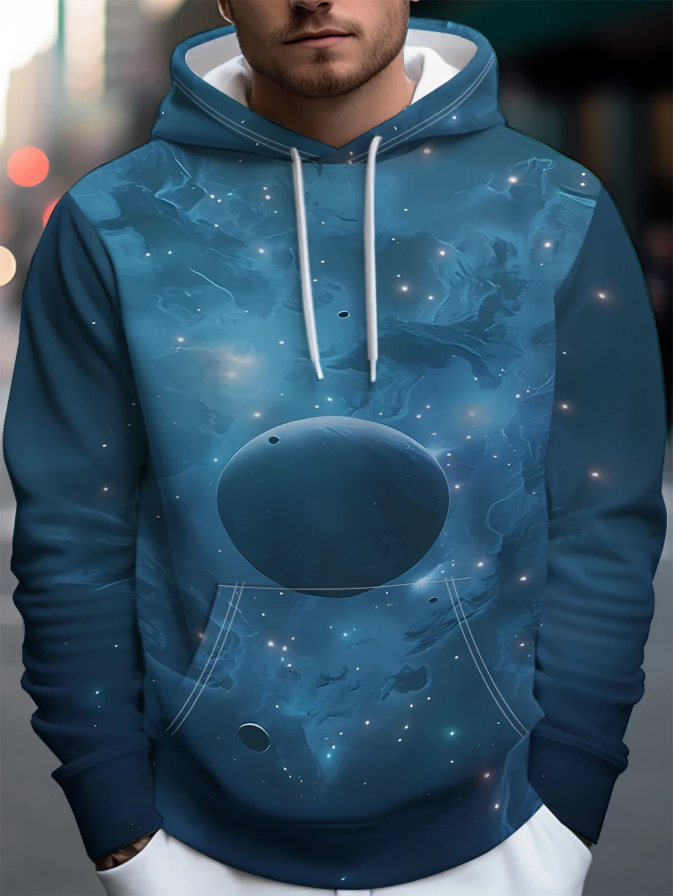 Men Blue Planet Starry Space 3D Print Hoodie Galaxy Cosmic Graphic Casual Long Sleeve Hooded Sweatshirt