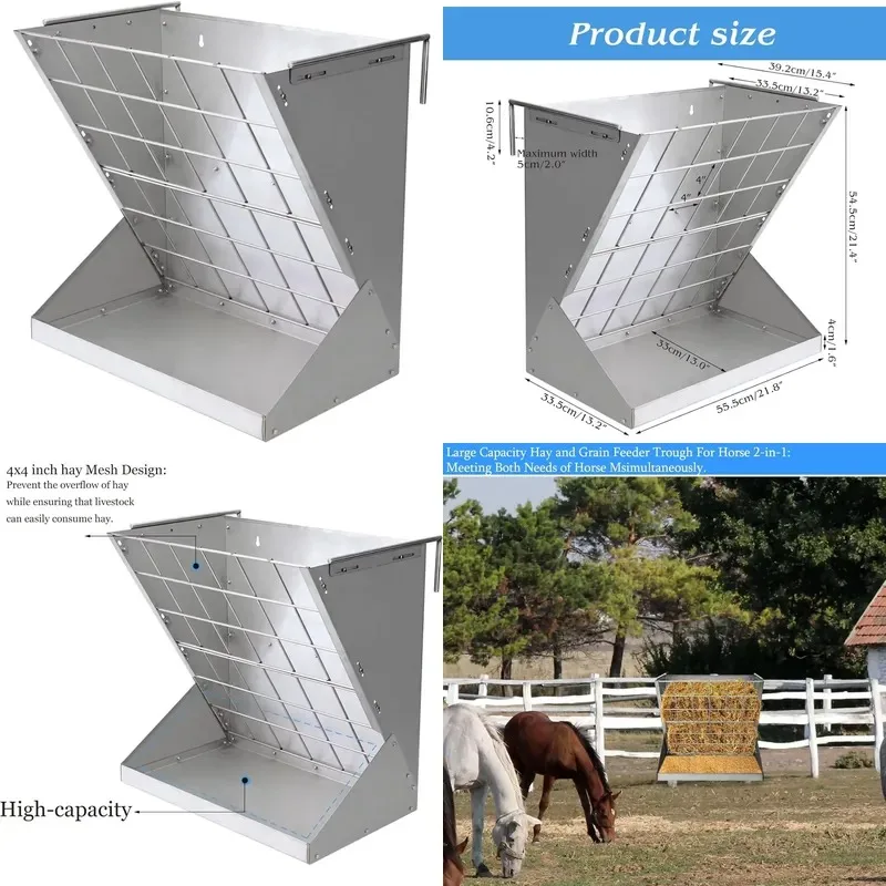 Heavy Duty Galvanized Metal Wall Mounted Hay and Grain Feeder for Goats Livestock Combined Dispenser