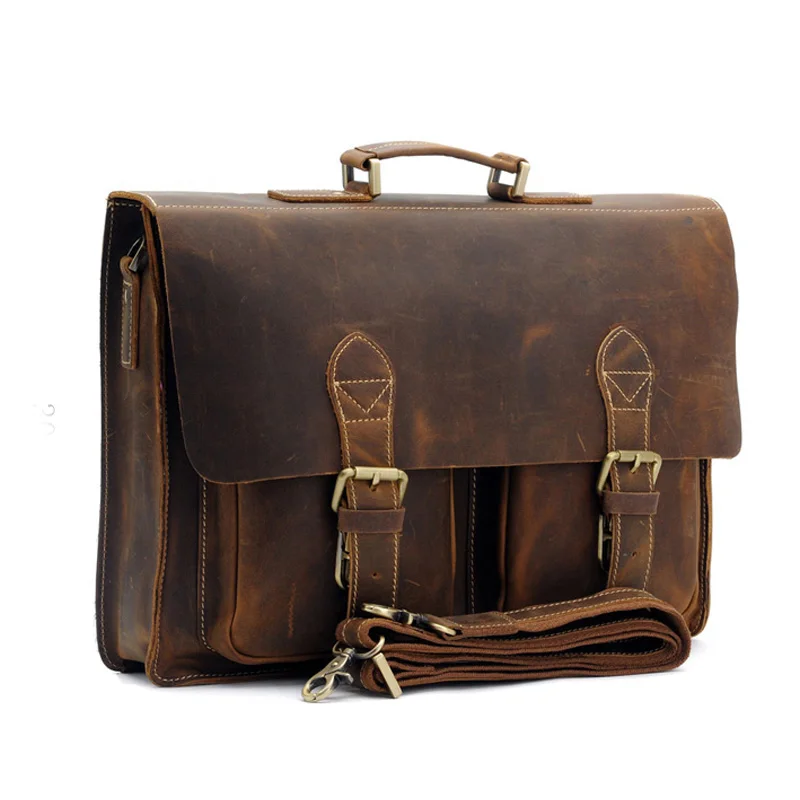 Men's Vintage Genuine Crazy Horse Leather Briefcase Messenger Shoulder Portfolio Laptop Bag Case Handbag Father's Day Gift