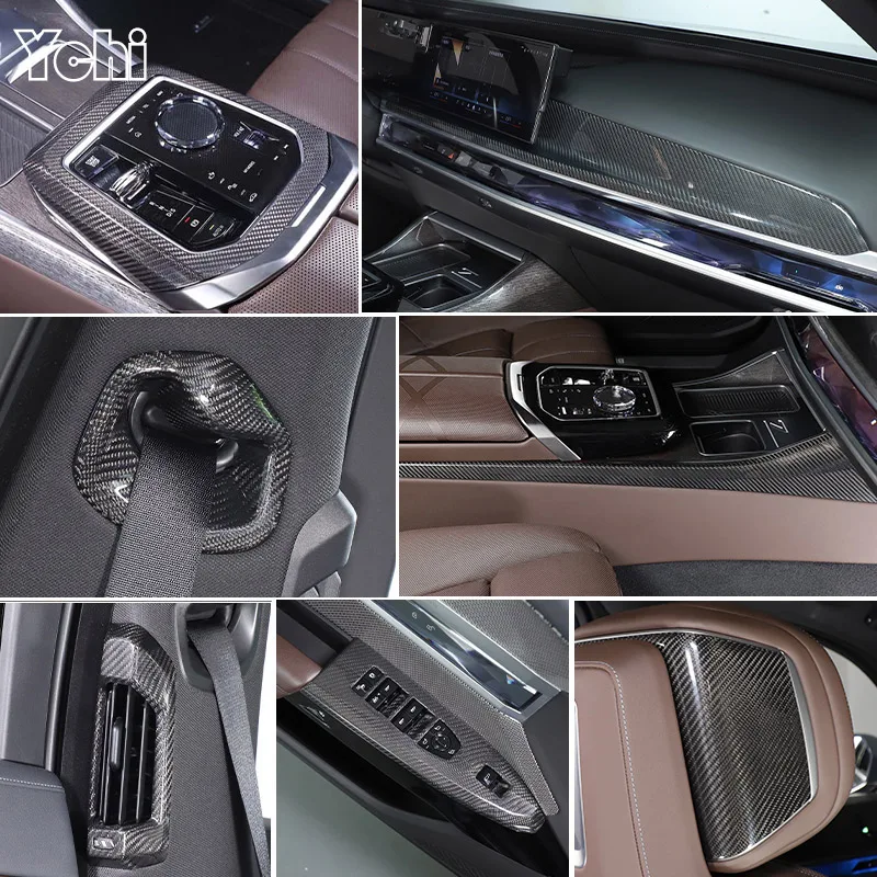 ألياف الكربون الحقيقية لسيارات BMW 7 Series G70 2023 + لوحة لوحة قيادة السيارة منفذ الهواء إطار زجاجي رفع زر الإطار ملصق الملحقات