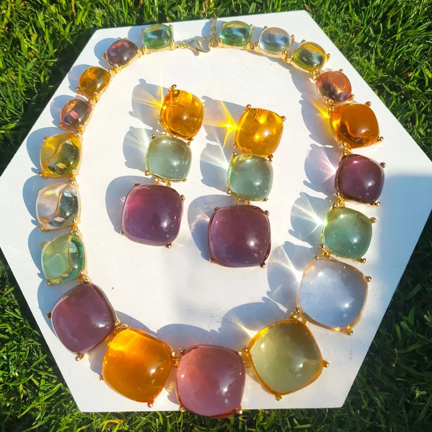 

Colorful Resin Geometric Square Necklace Earrings Set Women Jewelry Sets Wedding Bridal Statement Choker Collar Necklace Gifts