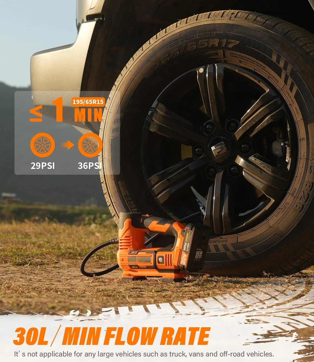 タイヤインフレーター ポータブルエアコンプレッサー、20Vコードレスカーポンプ（充電式リチウムイオン電池付き）、12Vカーパワーアダプター、新登場