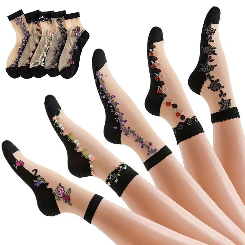 5켤레 아이스 실크 양말 도매 여성용 봄 여름 중목 양말 통기성, 미끄럼 방지, 걸림 방지 실크 크리스탈 얇은