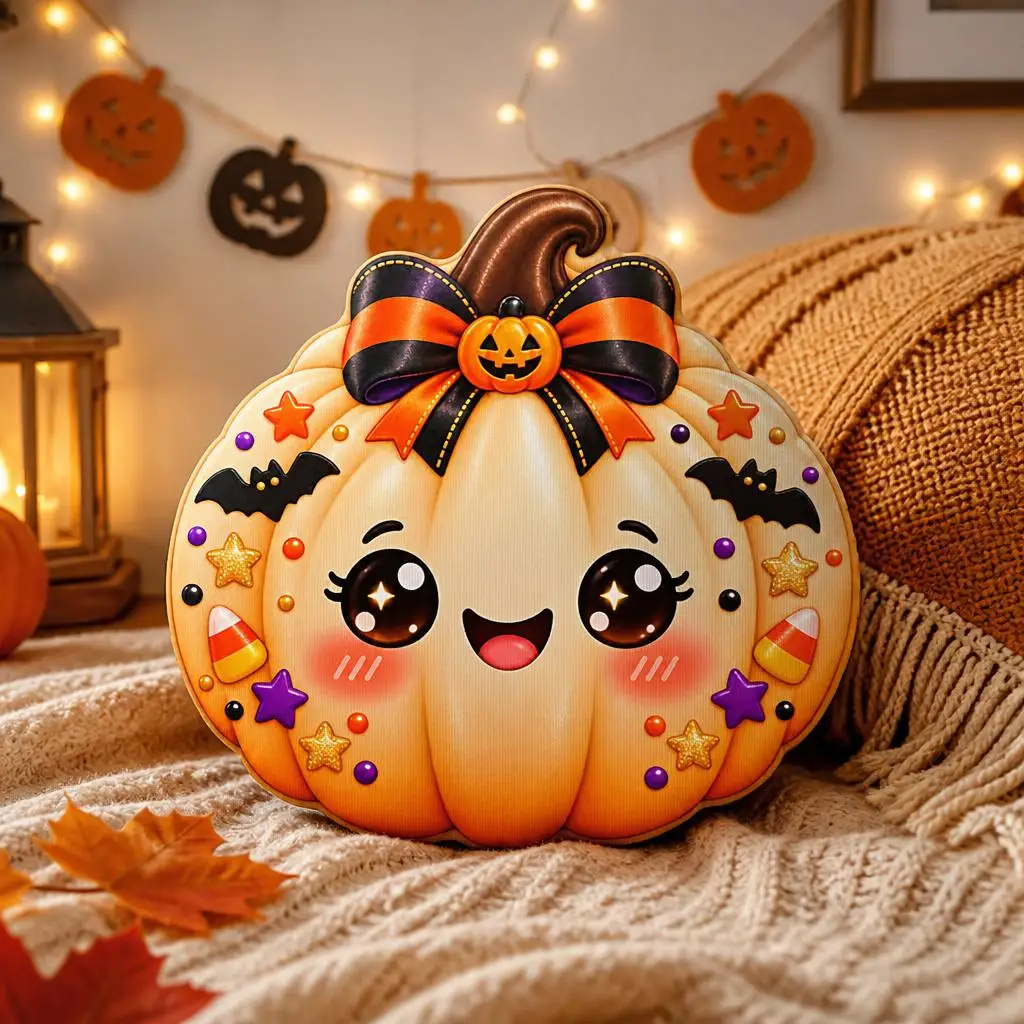 Cute Halloween Pumpkin Shaped Pillow Black Orange Bow Kawaii Throw Cushion Stuffed Sofa Accent Home Decor Autumn Spooky Gift