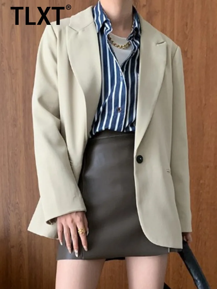 

TLXT Elegant Women's Minimalist Solid Blazer Lapel Single Button Long Sleeve Commute Coats Female Summer 2025 New XK1259